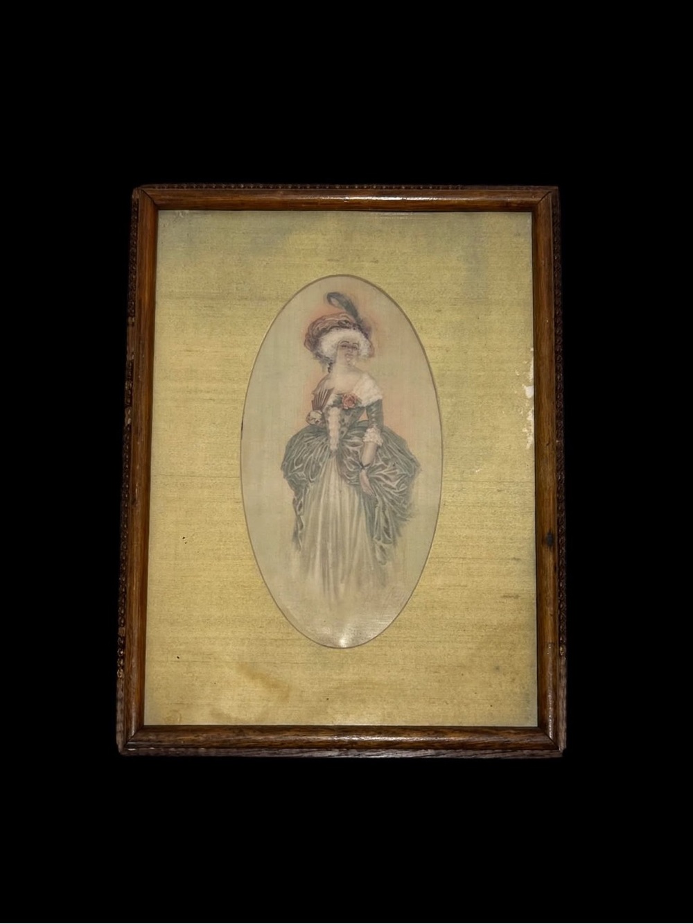 Antique 1920s French Victorian Lady Print on Silk Oval Mat Wood Frame 13x10